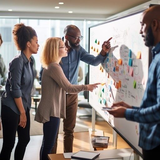 Team bespreekt gezamenlijk ideeën op een whiteboard tijdens overleg