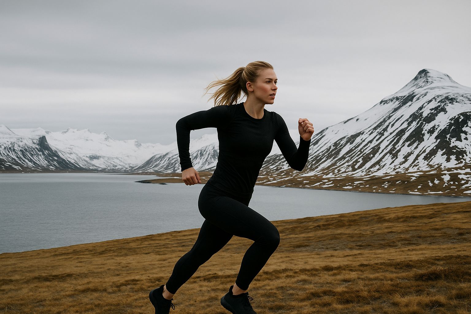 Vrouw rent in Aim'n sportkleding door Noordse natuur met bergen en meren.